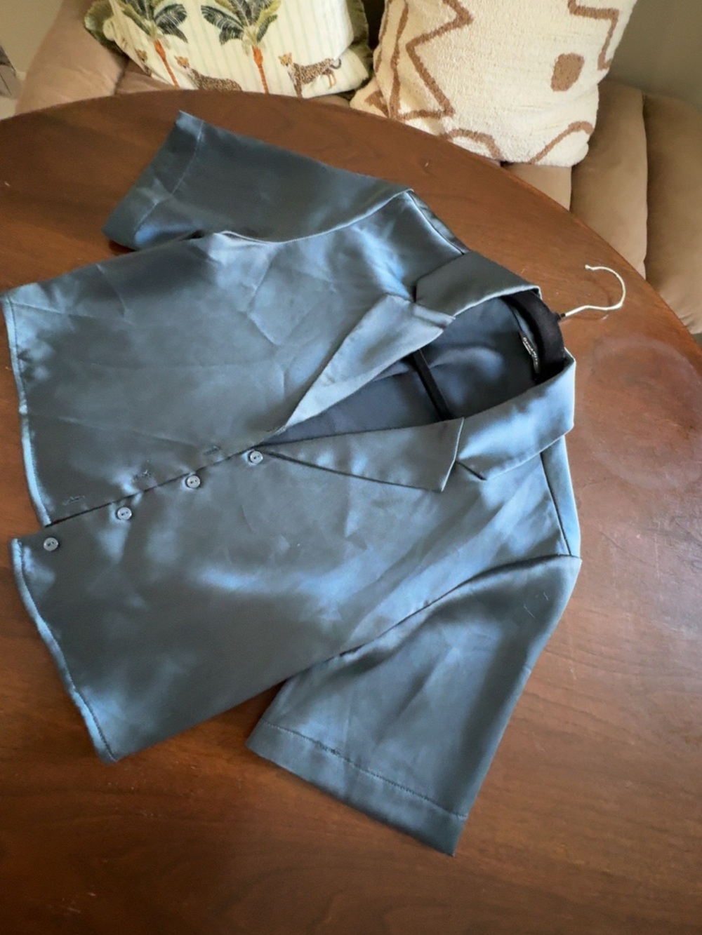 Dynamite Satin Short Sleeve Button-Up Blouse Navy XS